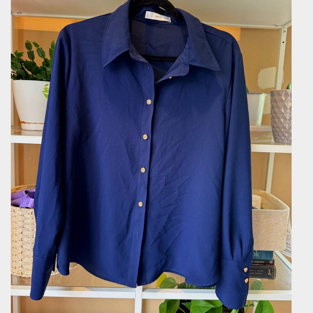 Mango Navy Button Down Blouse